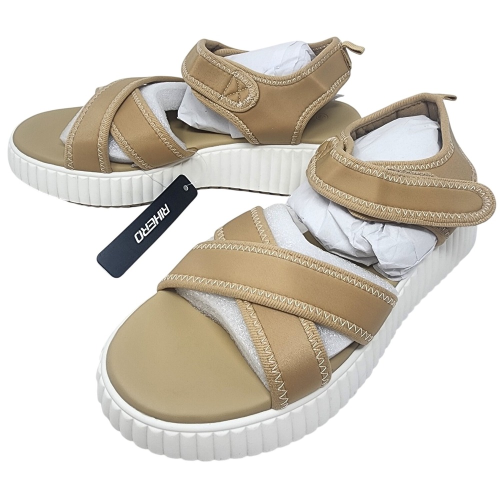 RIHERO Tan‎ Crisscross Platform Sandals Women's Size 8 Adjustable Strap